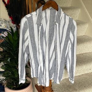 Orvis Coastal Blue and White Striped Linen Button Down Shirt